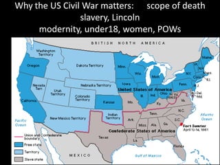 Why the US Civil War matters: scope of death
slavery, Lincoln
modernity, under18, women, POWs
 