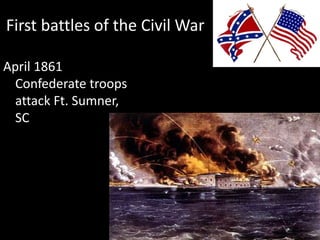 First battles of the Civil War
April 1861
Confederate troops
attack Ft. Sumner,
SC
 