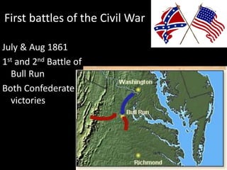 First battles of the Civil War
July & Aug 1861
1st and 2nd Battle of
Bull Run
Both Confederate
victories
 