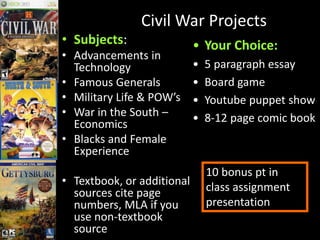 Civil War Projects
• Subjects:
• Advancements in
Technology
• Famous Generals
• Military Life & POW’s
• War in the South –
Economics
• Blacks and Female
Experience
• Textbook, or additional
sources cite page
numbers, MLA if you
use non-textbook
source
• Your Choice:
• 5 paragraph essay
• Board game
• Youtube puppet show
• 8-12 page comic book
10 bonus pt in
class assignment
presentation
 