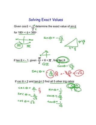 Solving Exact Values
Given cos
for 180o <

= -1, determine the exact value of sin
2
< 360o

If tan θ = - 1, given

<θ<

, find sec θ

If csc θ = 2 and tan < 0 find all 5 other trig ratios

 
