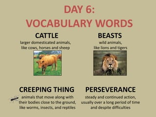 DAY 6:
    VOCABULARY WORDS
         CATTLE                              BEASTS
larger domesticated animals,                   wild animals,
 like cows, horses and sheep               like lions and tigers




CREEPING THING                        PERSEVERANCE
  animals that move along with        steady and continued action,
their bodies close to the ground,   usually over a long period of time
like worms, insects, and reptiles        and despite difficulties
 