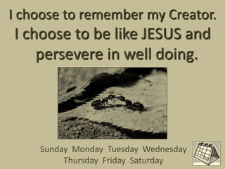 I choose to remember my Creator.
I choose to be like JESUS and
    persevere in well doing.




    Sunday Monday Tuesday Wednesday
         Thursday Friday Saturday
 