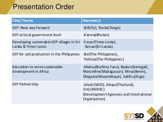 Presentation Order
Title/Theme Member/s
SEP: New way forward -Bill(Fiji), Tevita(Tonga)
SEP at local government level -Karma(Bhutan)
Developing sustainable SEP villages in Sri
Lanka & Timor-Leste
-Cesar(Timor-Leste),
Senavi(Sri Lanka)
SEP for salt production in the Philippines -Bel(The Philippines),
Patricia(The Philippines)
Education to serve sustainable
development in Africa
-Abdou(Burkina Faso), Badara(Senegal),
Marcelline(Madagascar), Mina(Benin),
Olegario(Mozambique), Salifou(Togo)
SEP Partnership -Alex(USAID), Attaya(Thailand),
Siri(UNOSSC)
(Development Agencies and International
Organization)
 