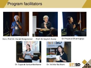 Program facilitators
Dr. Vichita Ractham
Prof. Dr. Gayle C Avery Dr. Priyanut Dharmapiya
Dr. Suparak Suriyankietkaew
Hon. Prof. Dr. Harald Bergsteiner
 