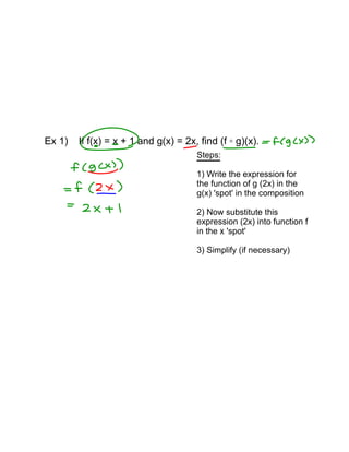 Ex 1)

If f(x) = x + 1 and g(x) = 2x, find (f ◦ g)(x).
Steps:
1) Write the expression for
the function of g (2x) in the
g(x) 'spot' in the composition
2) Now substitute this
expression (2x) into function f
in the x 'spot'
3) Simplify (if necessary)

 