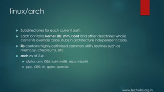 www.techvilla.org.in
linux/arch
 Subdirectories for each current port.
 Each contains kernel, lib, mm, boot and other directories whose
contents override code stubs in architecture independent code.
 lib contains highly-optimized common utility routines such as
memcpy, checksums, etc.
 arch as of 2.4:
 alpha, arm, i386, ia64, m68k, mips, mips64.
 ppc, s390, sh, sparc, sparc64.
 