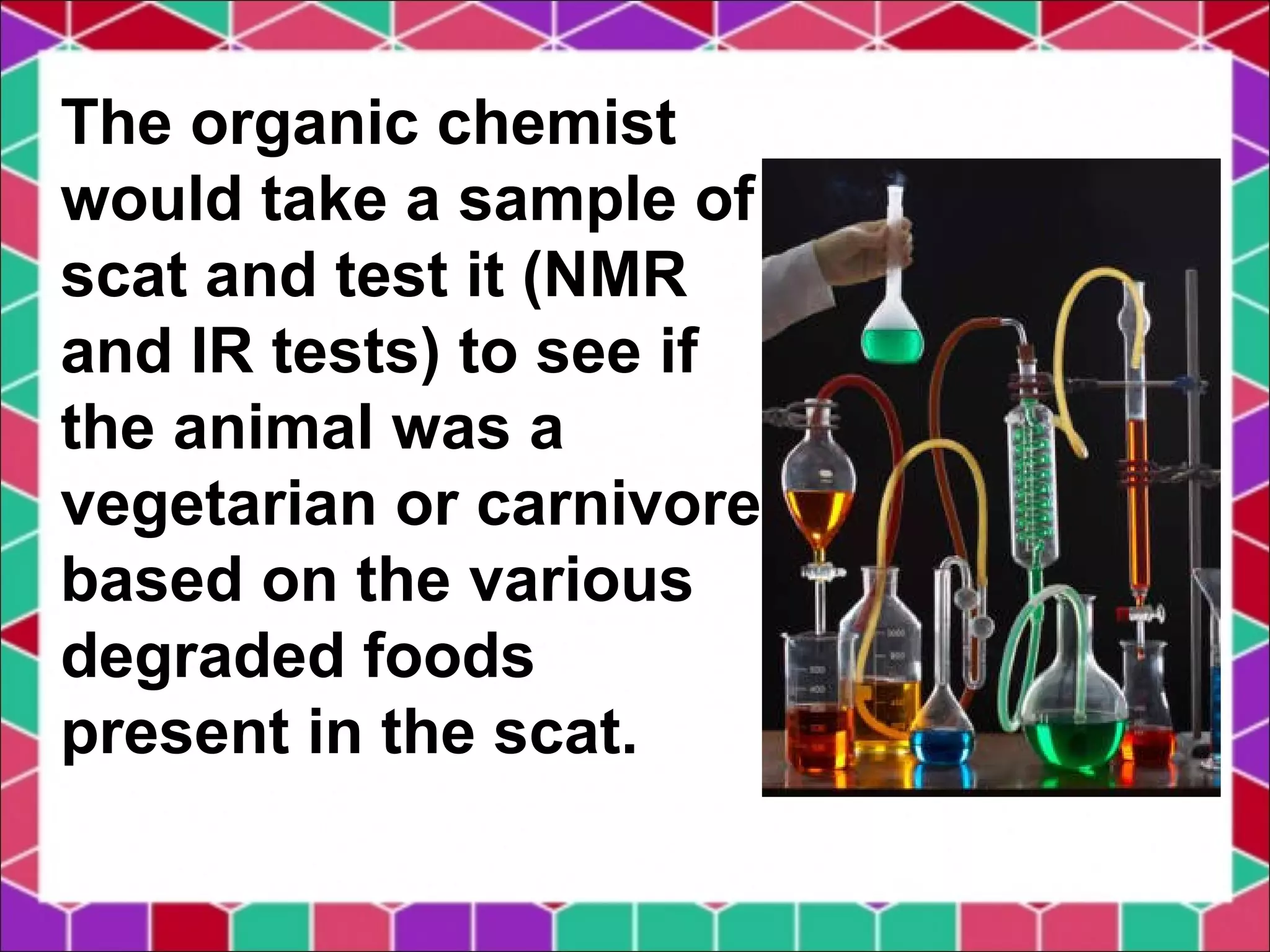 The organic chemist
would take a sample of
scat and test it (NMR
and IR tests) to see if
the animal was a
vegetarian or carnivore
based on the various
degraded foods
present in the scat.
 