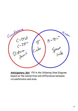 Anticipatory Set: Fill in the following Venn Diagram
based on the similarities and differences between
circumference and area.




                                                       4
 