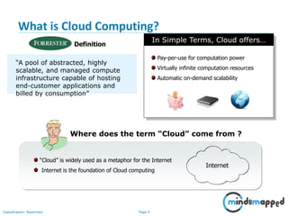 Page 4Classification: Restricted
What is Cloud Computing?
“A pool of abstracted, highly
scalable, and managed compute
infrastructure capable of hosting
end-customer applications and
billed by consumption”
Internet
Where does the term “Cloud” come from ?
“Cloud” is widely used as a metaphor for the Internet
Internet is the foundation of Cloud computing
Definition
In Simple Terms, Cloud offers…
Pay-per-use for computation power
Virtually infinite computation resources
Automatic on-demand scalability
 