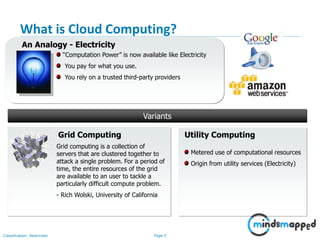 Page 5Classification: Restricted
What is Cloud Computing?
An Analogy - Electricity
“Computation Power” is now available like Electricity
You pay for what you use.
You rely on a trusted third-party providers
Grid computing is a collection of
servers that are clustered together to
attack a single problem. For a period of
time, the entire resources of the grid
are available to an user to tackle a
particularly difficult compute problem.
- Rich Wolski, University of California
Grid Computing Utility Computing
Metered use of computational resources
Origin from utility services (Electricity)
Variants
 