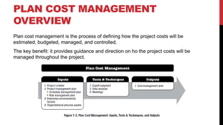 PLAN COST MANAGEMENT
OVERVIEW
Plan cost management is the process of defining how the project costs will be
estimated, budgeted, managed, and controlled.
The key benefit: it provides guidance and direction on ho the project costs will be
managed throughout the project.
 