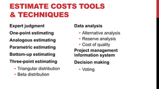 ESTIMATE COSTS TOOLS
& TECHNIQUES
Expert judgment
One-point estimating
Analogous estimating
Parametric estimating
Bottom-up estimating
Three-point estimating
• Triangular distribution
• Beta distribution
Data analysis
• Alternative analysis
• Reserve analysis
• Cost of quality
Project management
information system
Decision making
• Voting
 