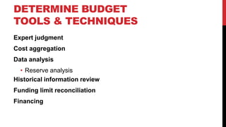 DETERMINE BUDGET
TOOLS & TECHNIQUES
Expert judgment
Cost aggregation
Data analysis
• Reserve analysis
Historical information review
Funding limit reconciliation
Financing
 