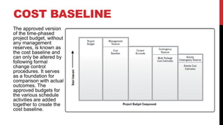The approved version
of the time-phased
project budget, without
any management
reserves, is known as
the cost baseline and
can only be altered by
following formal
change control
procedures. It serves
as a foundation for
comparison with actual
outcomes. The
approved budgets for
the various schedule
activities are added
together to create the
cost baseline.
COST BASELINE
 