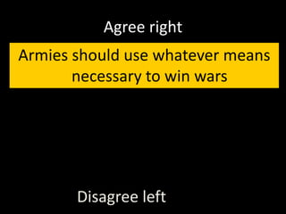 Agree right
Armies should use whatever means
necessary to win wars
Disagree left
 