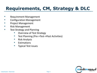 Page 3Classification: Restricted
Requirements, CM, Strategy & DLC
• Requirement Management
• Configuration Management
• Project Management
• Risk Management
• Test Strategy and Planning
• Overview of Test Strategy
• Test Planning (Pre->Test->Post Activities)
• Risk Analysis
• Estimations
• Typical Test issues
 