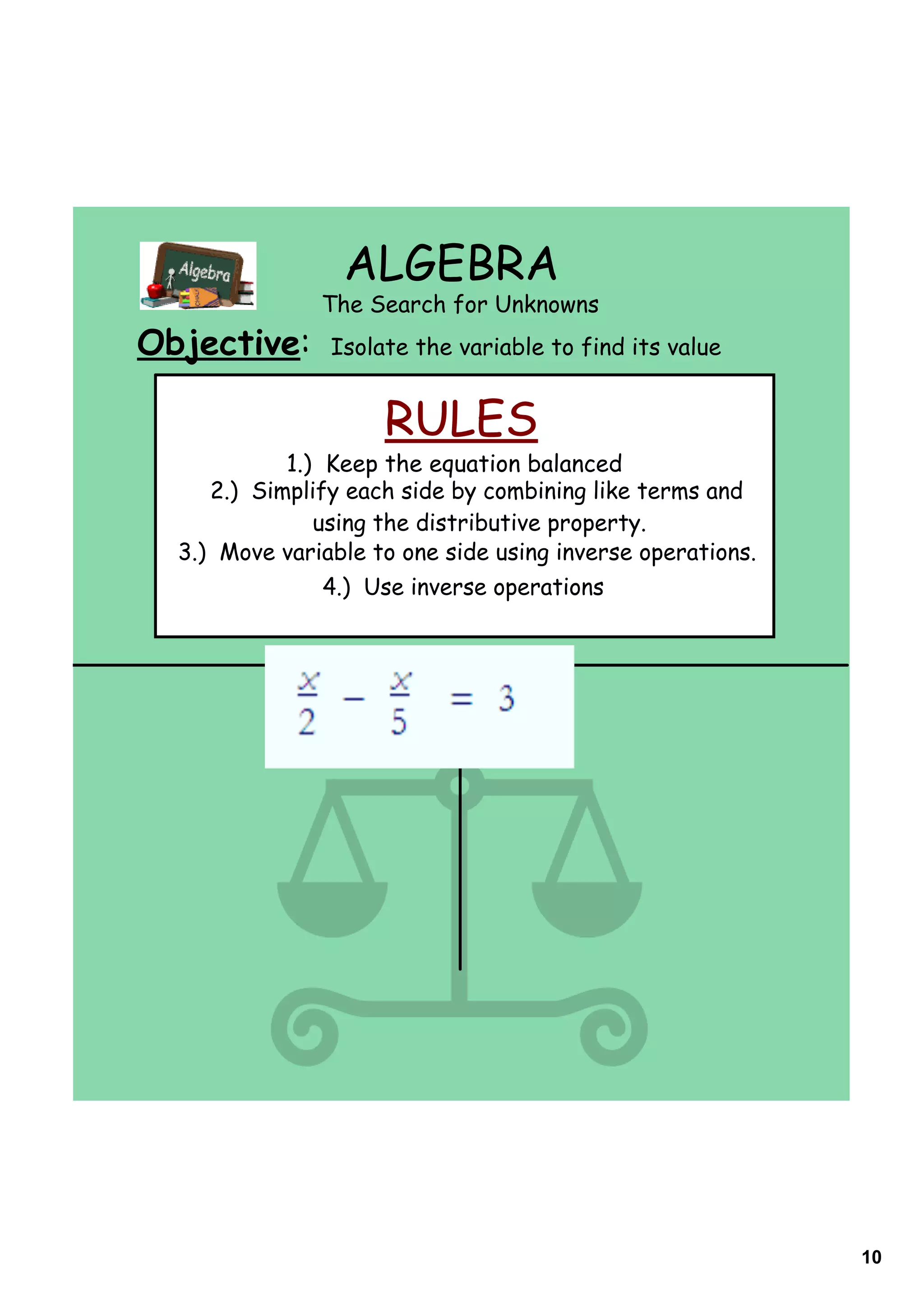 ALGEBRA
               The Search for Unknowns
Objective:      Isolate the variable to find its value


                     RULES
            1.) Keep the equation balanced
     2.) Simplify each side by combining like terms and
               using the distributive property.
  3.) Move variable to one side using inverse operations.
                4.) Use inverse operations




                                                            10
 