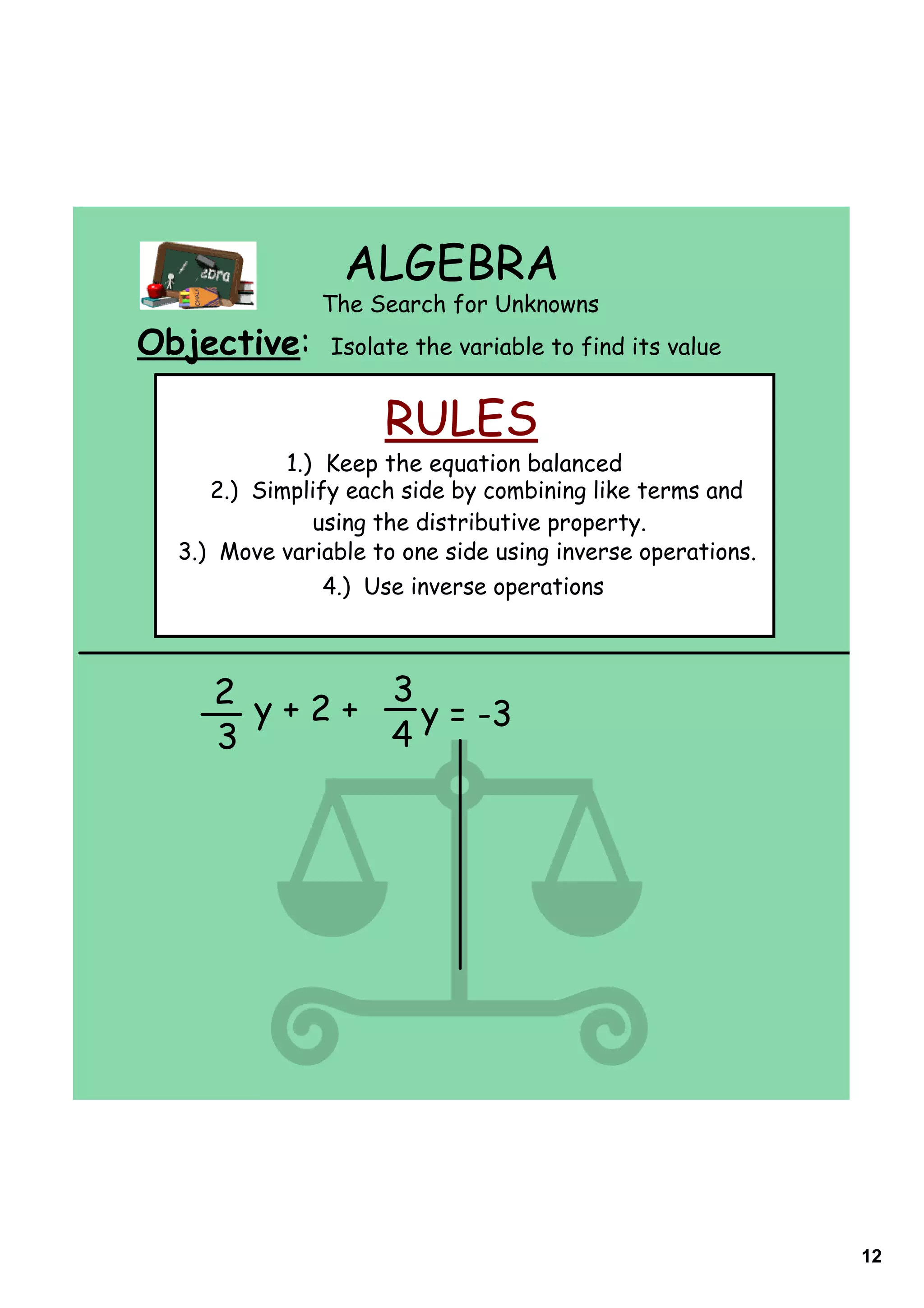 ALGEBRA
               The Search for Unknowns
Objective:      Isolate the variable to find its value


                     RULES
            1.) Keep the equation balanced
     2.) Simplify each side by combining like terms and
               using the distributive property.
  3.) Move variable to one side using inverse operations.
                4.) Use inverse operations



     2 y+2+ 3
              y = -3
     3      4




                                                            12
 