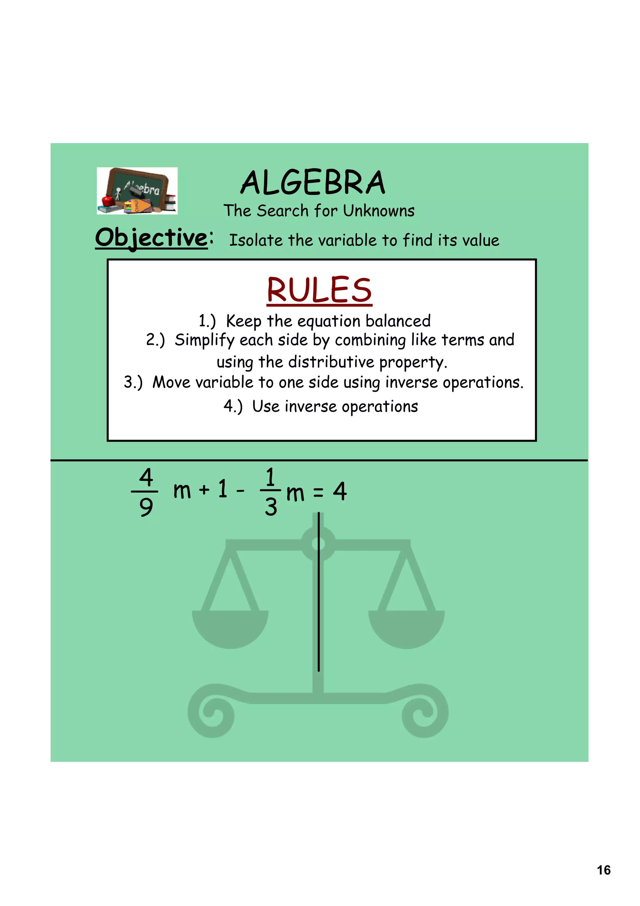 ALGEBRA
               The Search for Unknowns
Objective:      Isolate the variable to find its value


                     RULES
            1.) Keep the equation balanced
     2.) Simplify each side by combining like terms and
               using the distributive property.
  3.) Move variable to one side using inverse operations.
                4.) Use inverse operations



    4 m+1- 1
             m=4
    9      3




                                                            16
 