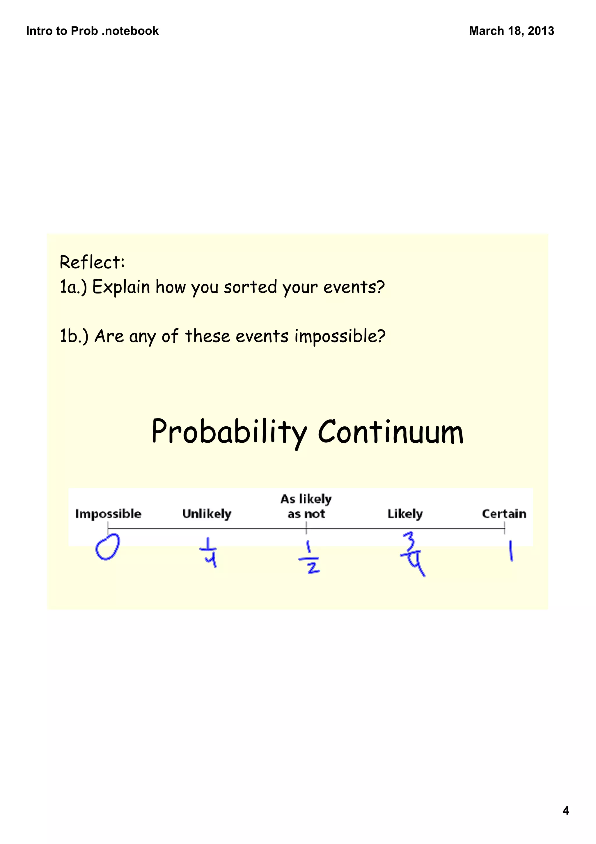 Intro to Prob .notebook                         March 18, 2013




     Reflect:
     1a.) Explain how you sorted your events?

     1b.) Are any of these events impossible?




                     Probability Continuum




                                                                 4
 