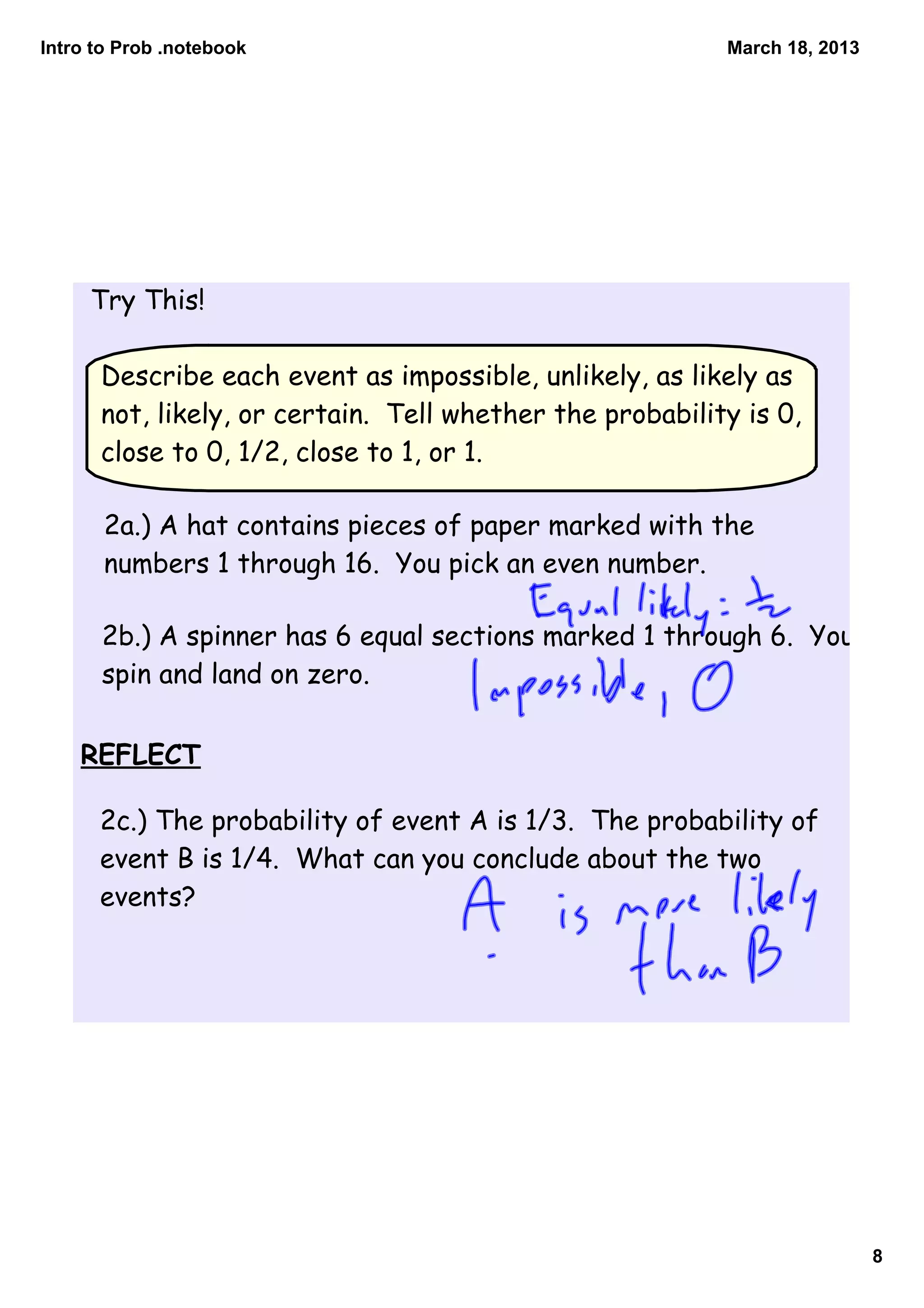 Intro to Prob .notebook                                   March 18, 2013




     Try This!

      Describe each event as impossible, unlikely, as likely as
      not, likely, or certain. Tell whether the probability is 0,
      close to 0, 1/2, close to 1, or 1.

       2a.) A hat contains pieces of paper marked with the
       numbers 1 through 16. You pick an even number.

      2b.) A spinner has 6 equal sections marked 1 through 6. You
      spin and land on zero.

    REFLECT

      2c.) The probability of event A is 1/3. The probability of
      event B is 1/4. What can you conclude about the two
      events?




                                                                           8
 