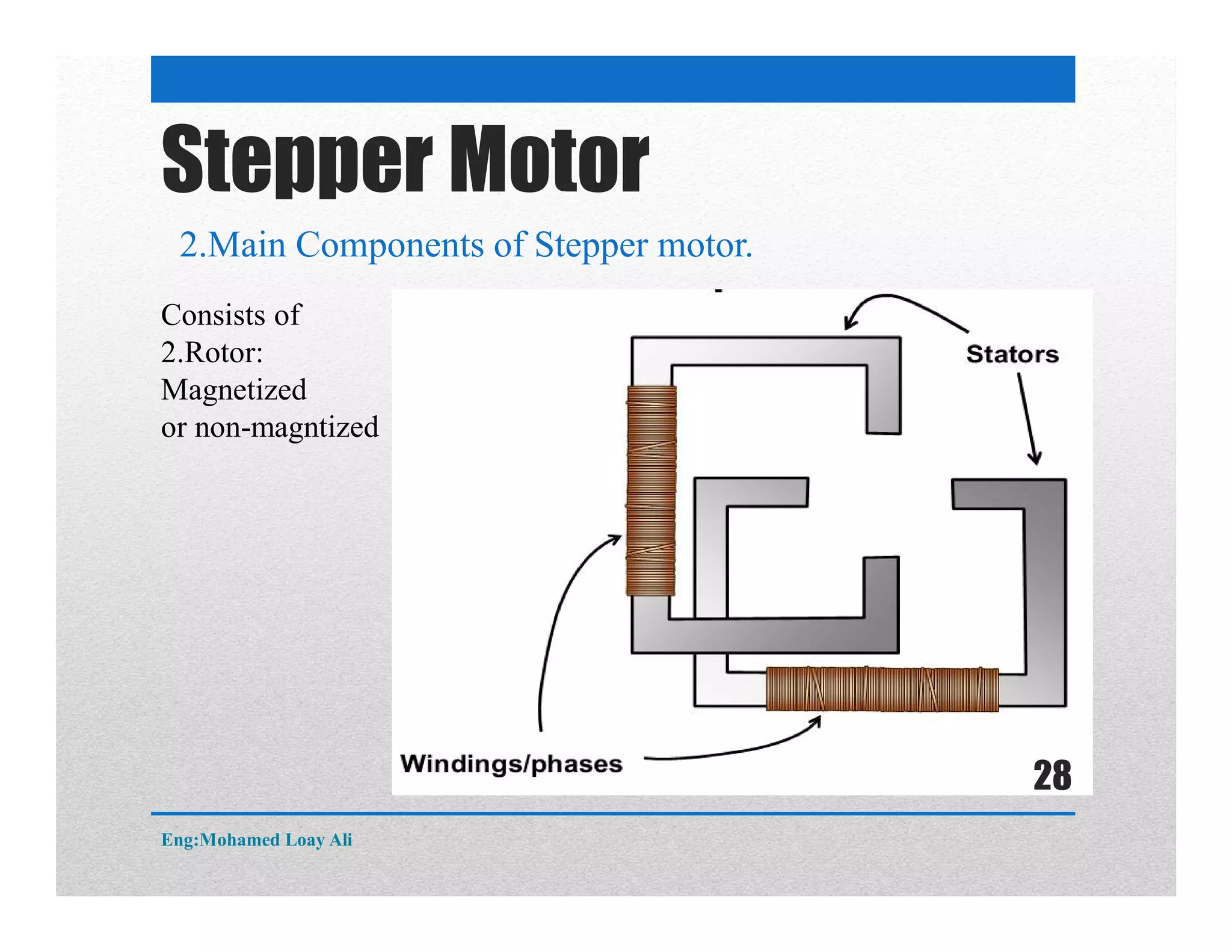 Stepper Motor
2.Main Components of Stepper motor.
Consists of
2.Rotor:
Magnetized
or non-magntized
Eng:Mohamed Loay Ali
28
 
