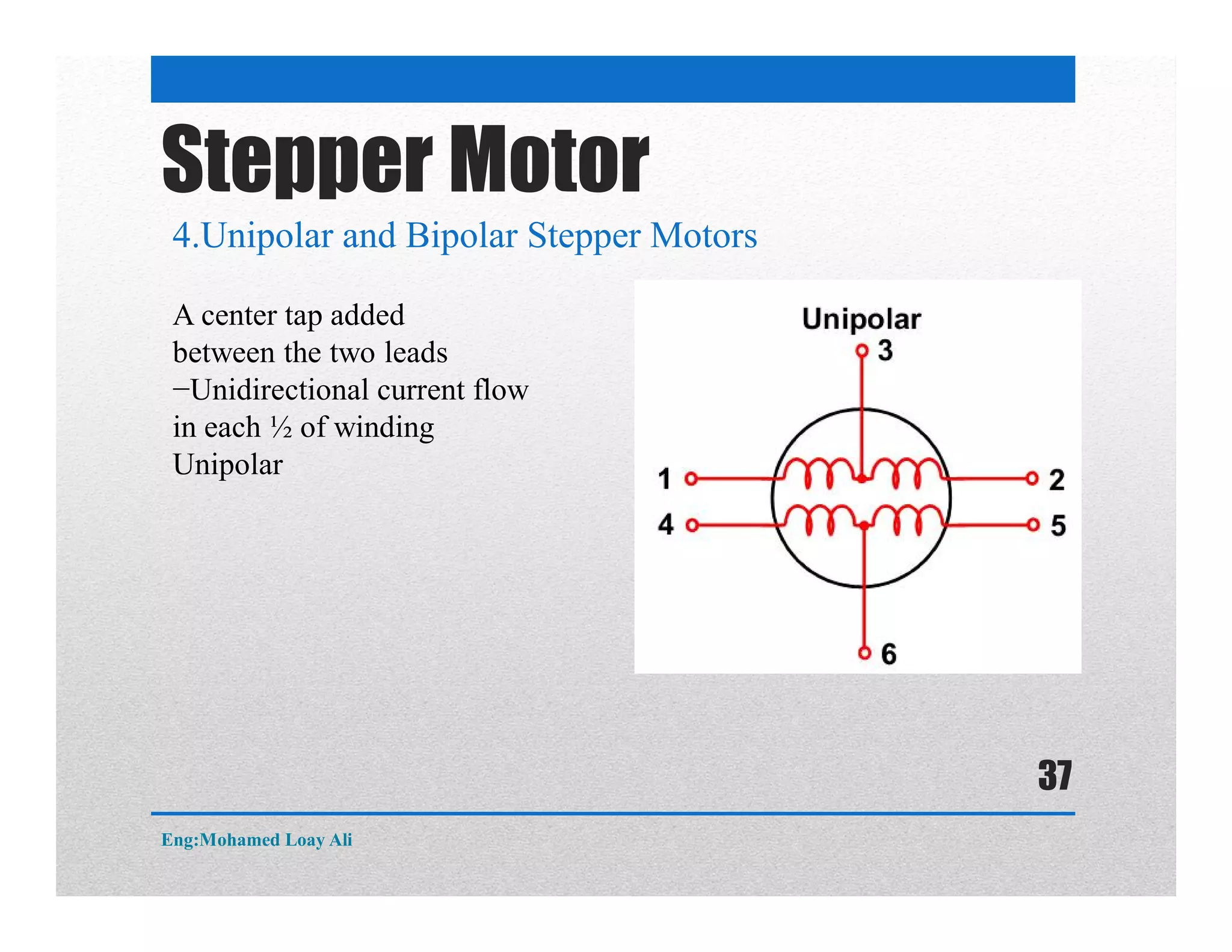 4.Unipolar and Bipolar Stepper Motors
Stepper Motor
A center tap added
between the two leads
−Unidirectional current flow
in each ½ of winding
Unipolar
Eng:Mohamed Loay Ali
37
 