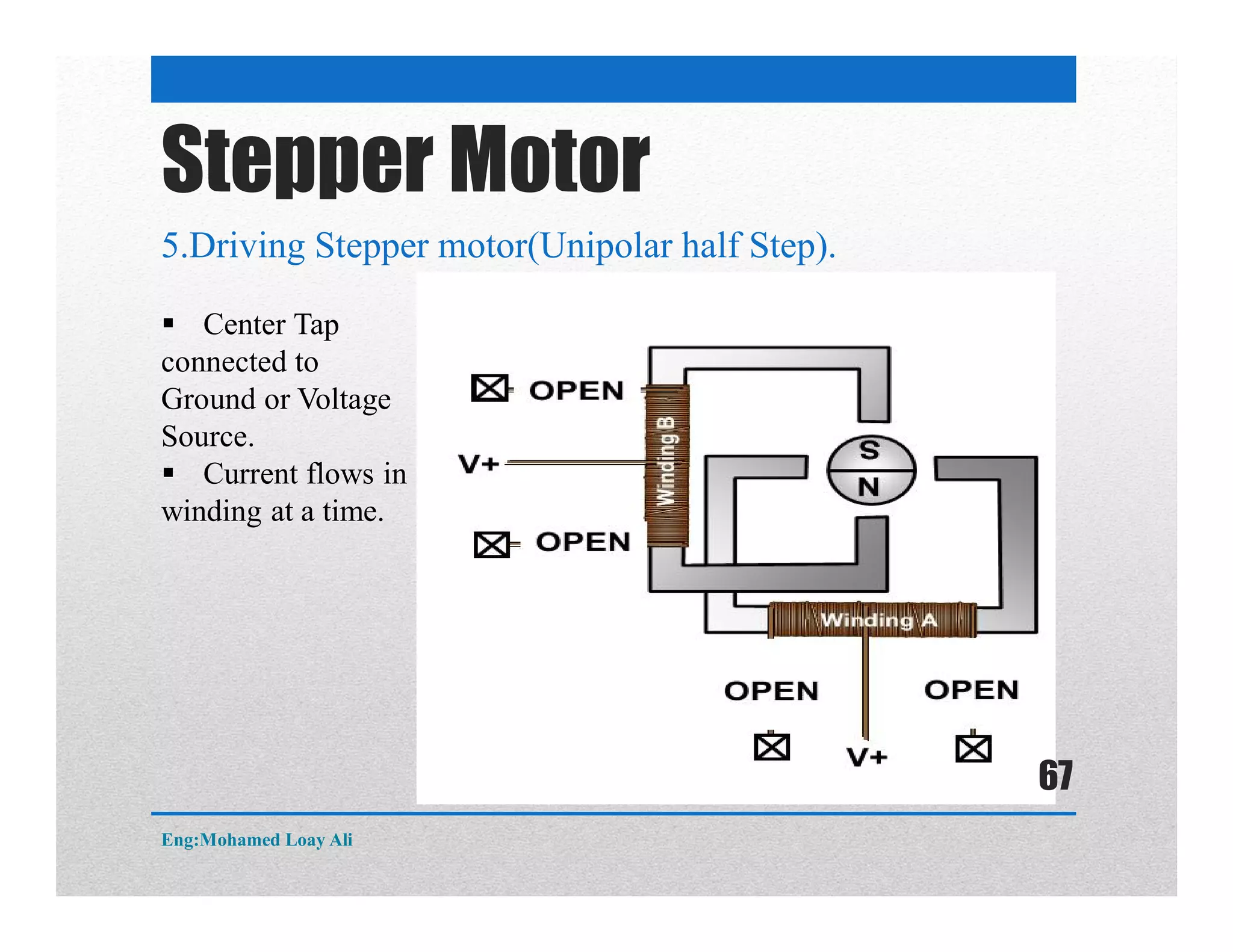 Stepper Motor
5.Driving Stepper motor(Unipolar half Step).
 Center Tap
connected to
Ground or Voltage
Source.
 Current flows in ½
winding at a time.
Eng:Mohamed Loay Ali
67
 