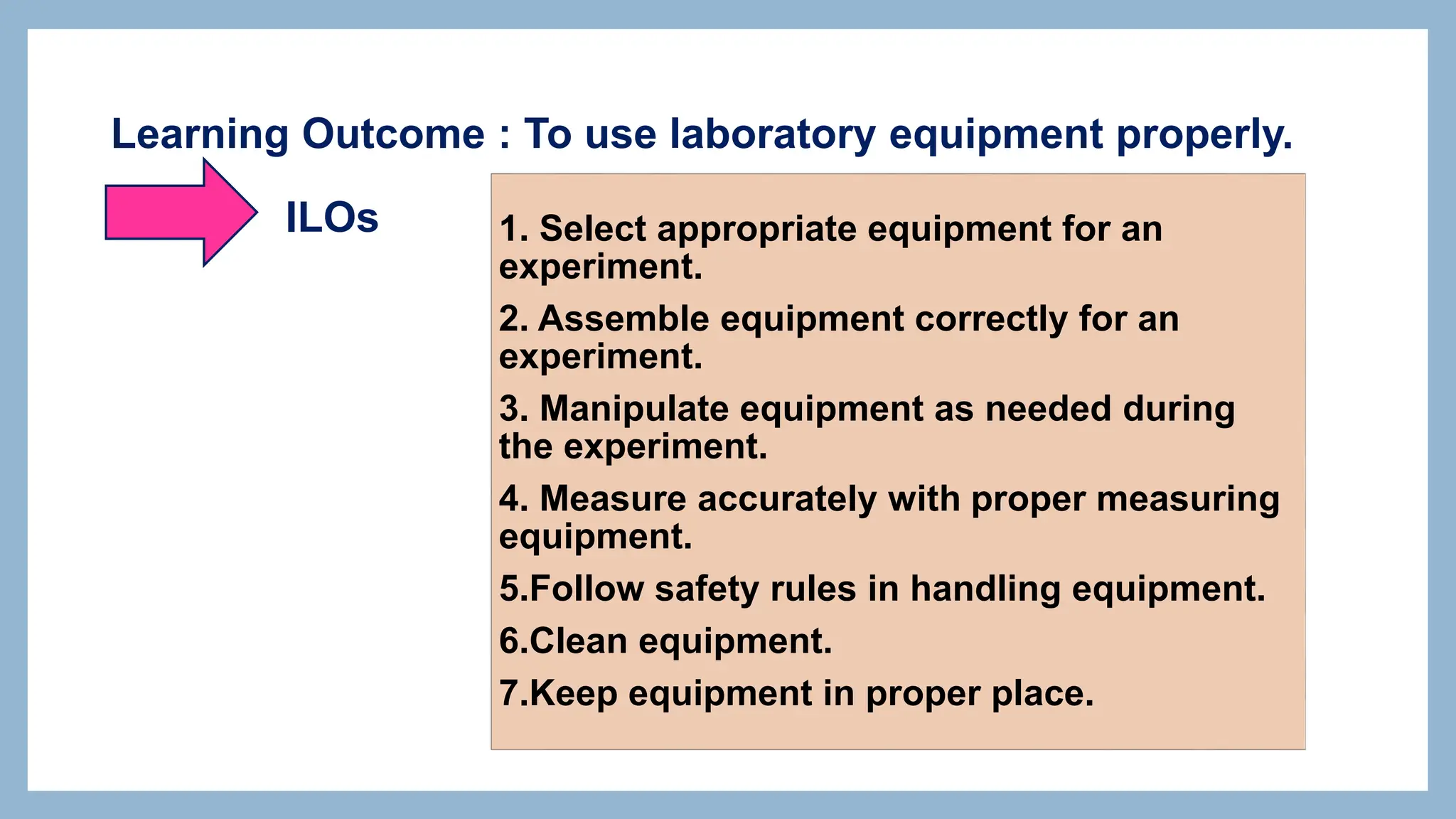 1. Select appropriate equipment for an
experiment.
2. Assemble equipment correctly for an
experiment.
3. Manipulate equipment as needed during
the experiment.
4. Measure accurately with proper measuring
equipment.
5.Follow safety rules in handling equipment.
6.Clean equipment.
7.Keep equipment in proper place.
Learning Outcome : To use laboratory equipment properly.
ILOs
 