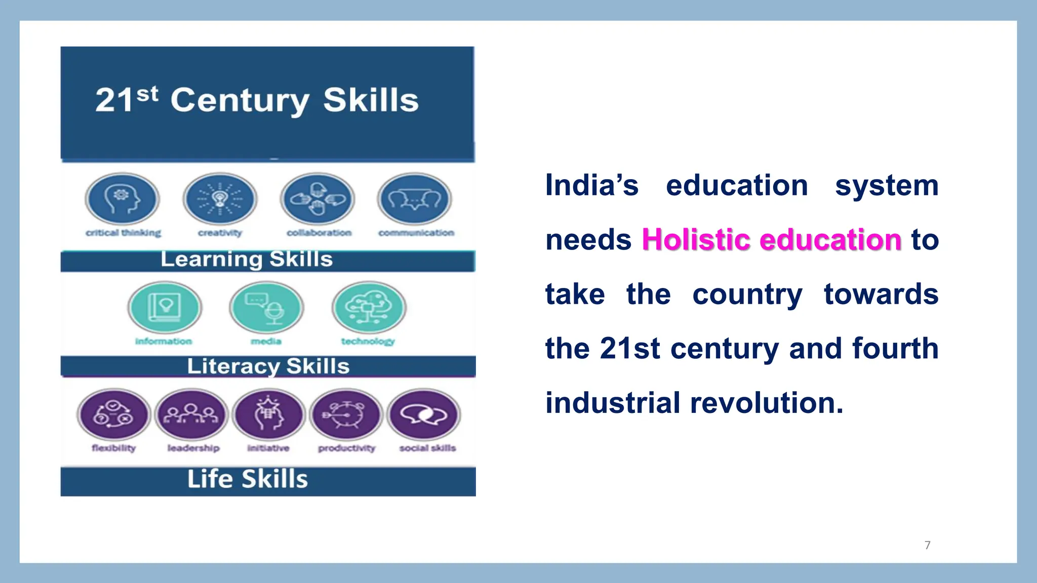7
India’s education system
needs Holistic education to
take the country towards
the 21st century and fourth
industrial revolution.
 