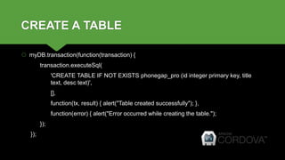 CREATE A TABLE
 myDB.transaction(function(transaction) {
transaction.executeSql(
'CREATE TABLE IF NOT EXISTS phonegap_pro (id integer primary key, title
text, desc text)',
[],
function(tx, result) { alert("Table created successfully"); },
function(error) { alert("Error occurred while creating the table.");
});
});
 
