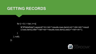 GETTING RECORDS
for (i = 0; i < len; i++){
$("#TableData").append("<tr><td>"+results.rows.item(i).id+"</td><td>"+result
s.rows.item(i).title+"</td><td>"+results.rows.item(i).desc+"</td></tr>");
}
}, null);
});
 