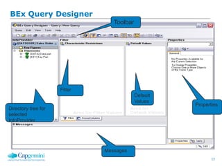 13
BEx Query Designer
Filter
Toolbar
Directory tree for
selected
InfoProvider
Default
Values
Properties
Messages
 