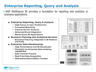 4
SAP NetWeaver BI provides a foundation for reporting and analytics in
business applications.
Enterprise Reporting, Query and Analysis
 