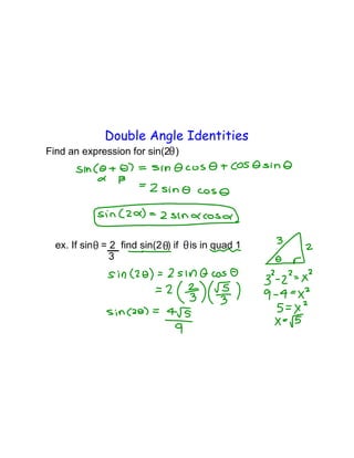 Double Angle Identities
Find an expression for sin(2 )

ex. If sin = 2 find sin(2 ) if

is in quad 1

 