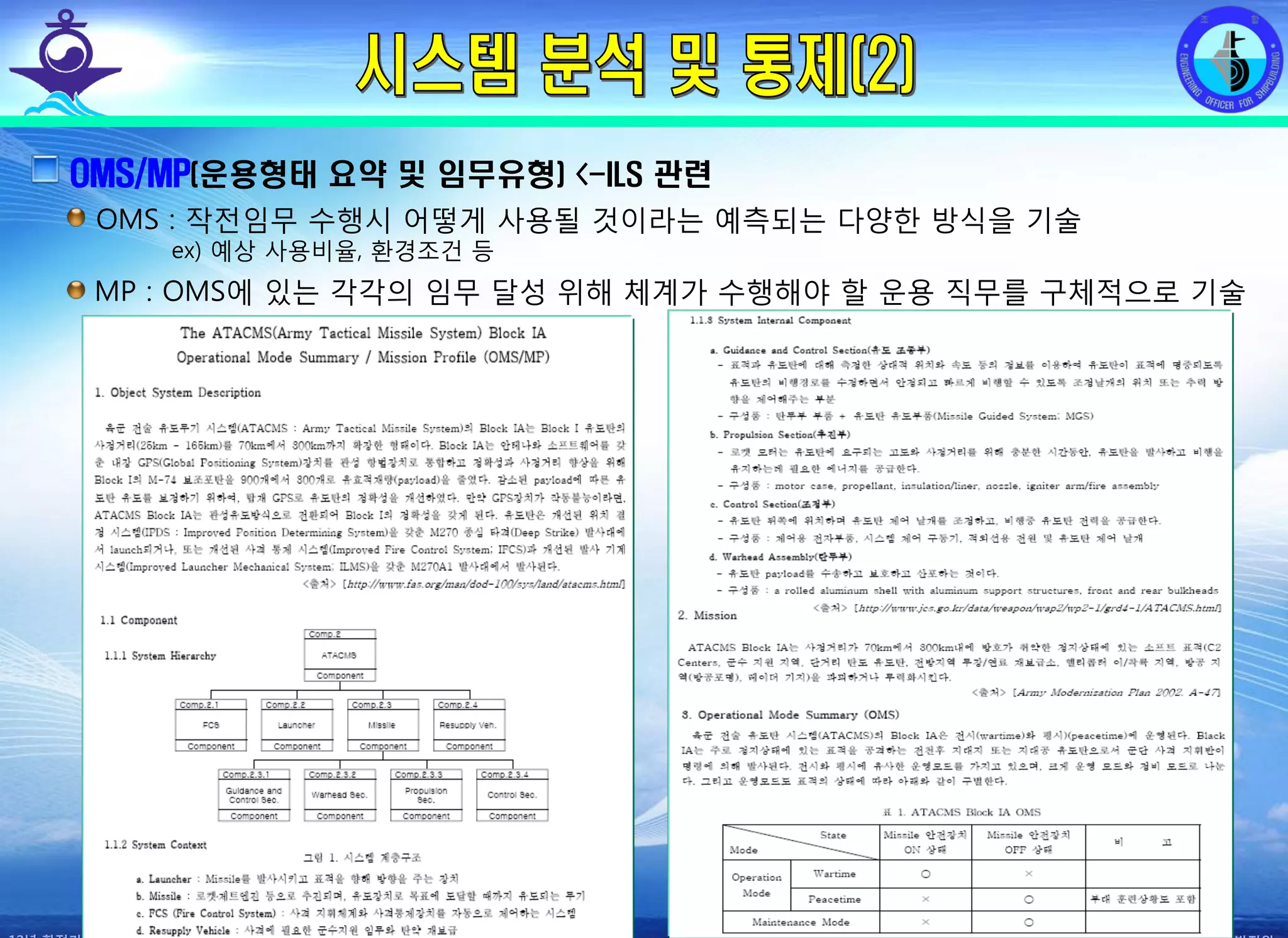 전평단 함정기술처 소령 박진원12년 함정기술처 SE 자체교육(7.10 ~ 8. 3)
OMS : 작전임무 수행시 어떻게 사용될 것이라는 예측되는 다양한 방식을 기술
ex) 예상 사용비율, 환경조건 등
OMS/MP(운용형태 요약 및 임무유형) <-ILS 관련
MP : OMS에 있는 각각의 임무 달성 위해 체계가 수행해야 할 운용 직무를 구체적으로 기술
 