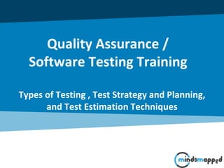 Quality Assurance /
Software Testing Training
Types of Testing , Test Strategy and Planning,
and Test Estimation Techniques
 