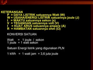 KETERANGAN P  = DAYA LISTRIK satuannya Watt (W) W = USAHA/ENERGI LISTRIK satuannya joule (J) t  = WAKTU satuannya sekon (s) V  = TEGANGAN satuannya volt (V) I  = KUAT ARUS satuannya ampere (A) R  = HAMBATAN satuannya ohm ( Ω ) KONVERSI SATUAN Watt  =  1 joule  /  sekon 1 joule  = 1 watt sekon Satuan Energi listrik yang digunakan PLN 1 kWh  =  1 watt jam  = 3,6 juta joule   