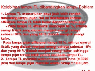 1. Lampu TL memerlukan daya jauh lebih rendah dibanding lampu pijar. Hal ini disebabkan karena effisiensi lampu TL lebih besar daripada lampu pijar - Pada lampu TL effisiensi mencapai 60 %, artinya energi listrik yang diubah menjadi energi cahaya sebesar 60% dan yang 40 % diubah menjadi energi kalor.  - Pada lampu pijar effisiensi hanya 10 %, artinya energi listrik yang diubah menjadi energi cahaya sebesar 10% dan yang 90 % diubah menjadi energi kalor, sehingga lampu pijar terasa lebih panas daripada lampu TL. 2.  Lampu TL memiliki waktu hidup lebih lama (± 3000 jam) dan lampu pijar memiliki waktu hidup ± 1000 jam. created by Drs Subkhan, MSi Kelebihan lampu TL dibandingkan lampu Bohlam 