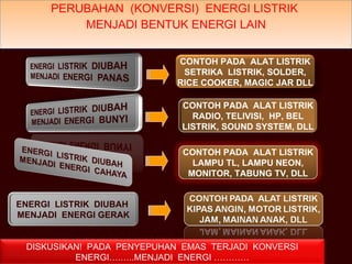 PERUBAHAN  (KONVERSI)  ENERGI LISTRIK  MENJADI BENTUK ENERGI LAIN CONTOH PADA  ALAT LISTRIK SETRIKA  LISTRIK, SOLDER, RICE COOKER, MAGIC JAR DLL CONTOH PADA  ALAT LISTRIK RADIO, TELIVISI,  HP, BEL LISTRIK, SOUND SYSTEM, DLL CONTOH PADA  ALAT LISTRIK LAMPU TL, LAMPU NEON, MONITOR, TABUNG TV, DLL ENERGI  LISTRIK  DIUBAH  MENJADI  ENERGI GERAK DISKUSIKAN!  PADA  PENYEPUHAN  EMAS  TERJADI  KONVERSI ENERGI….…..MENJADI  ENERGI ………… 