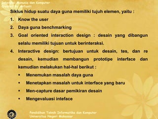 Interaksi Manusia dan Komputer
Created By Arfianti
     Siklus hidup suatu daya guna memiliki tujuh elemen, yaitu :
     1. Know the user
     2. Daya guna benchmarking
     3. Goal oriented interaction design : desain yang dibangun
          selalu memiliki tujuan untuk berinteraksi.
     4. Interactive design: bertujuan untuk desain, tes, dan re
          desain,     kemudian       membangun           prototipe   interface   dan
          kemudian melakukan hal-hal berikut :
              Menemukan masalah daya guna
              Menetapkan masalah untuk interface yang baru
              Men-capture dasar pemikiran desain
              Mengevaluasi inteface


                 Pendidikan Teknik Informatika dan Komputer
                 Universitas Negeri Makassar
 
