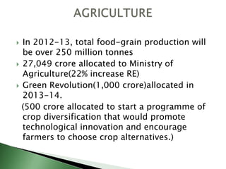  In 2012-13, total food-grain production will
be over 250 million tonnes
 27,049 crore allocated to Ministry of
Agriculture(22% increase RE)
 Green Revolution(1,000 crore)allocated in
2013-14.
(500 crore allocated to start a programme of
crop diversification that would promote
technological innovation and encourage
farmers to choose crop alternatives.)
 