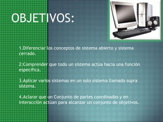 OBJETIVOS:1.Diferenciar los conceptos de sistema abierto y sistema cerrado.2:Comprender que todo un sistema actúa hacia una función especifica.3.Aplicar varios sistemas en un solo sistema llamado supra sistema.4.Aclarar que un Conjunto de partes coordinadas y en interacción actúan para alcanzar un conjunto de objetivos.