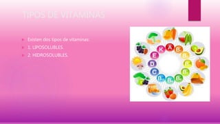 TIPOS DE VITAMINAS
 Existen dos tipos de vitaminas:
 1. LIPOSOLUBLES.
 2. HIDROSOLUBLES.
 