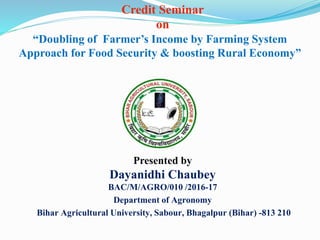 Presented by
Dayanidhi Chaubey
BAC/M/AGRO/010 /2016-17
Department of Agronomy
Bihar Agricultural University, Sabour, Bhagalpur (Bihar) -813 210
Credit Seminar
on
“Doubling of Farmer’s Income by Farming System
Approach for Food Security & boosting Rural Economy”
 