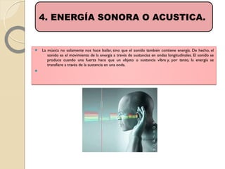  La música no solamente nos hace bailar, sino que el sonido también contiene energía. De hecho, el
sonido es el movimiento de la energía a través de sustancias en ondas longitudinales. El sonido se
produce cuando una fuerza hace que un objeto o sustancia vibre y, por tanto, la energía se
transfiere a través de la sustancia en una onda.

 La música no solamente nos hace bailar, sino que el sonido también contiene energía. De hecho, el
sonido es el movimiento de la energía a través de sustancias en ondas longitudinales. El sonido se
produce cuando una fuerza hace que un objeto o sustancia vibre y, por tanto, la energía se
transfiere a través de la sustancia en una onda.

4. ENERGÍA SONORA O ACUSTICA.
 