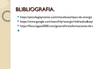 BLIBLIOGRAFIA.BLIBLIOGRAFIA.
 https://psicologiaymente.com/miscelanea/tipos-de-energia
 https://www.google.com/search?q=energia+hidraulica&oq=
 https://fisica.laguia2000.com/general/transformaciones-de-e

 