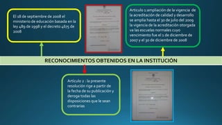 RECONOCIMIENTOS OBTENIDOS EN LA INSTITUCIÓN
El 18 de septiembre de 2008 el
ministerio de educación basada en la
ley 489 de 1998 y el decreto 4675 de
2008
Articulo 1:ampliación de la vigencia de
la acreditación de calidad y desarrollo
se amplia hasta el 30 de julio del 2009
la vigencia de la acreditación otorgada
va las escuelas normales cuyo
vencimiento fue el 1 de diciembre de
2007 y el 30 de diciembre de 2008
Artículo 2 : la presente
resolución rige a partir de
la fecha de su publicación y
deroga todas las
disposiciones que le sean
contrarias
 
