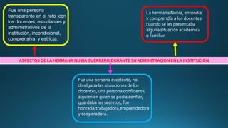 ASPECTOS DE LA HERMANA NUBIA GUERRERO,DURANTE SU ADMINITRACION EN LA INSTITUCIÓN
Fue una persona
transparente en el rato con
los docentes, estudiantes y
administrativos de la
institución, incondicional,
comprensiva y estricta.
La hermana Nubia, entendía
y comprendía a los docentes
cuando se les presentaba
alguna situación académica
o familiar
Fue una persona excelente, no
divulgaba las situaciones de los
docentes, una persona confidente,
alguien en quien se podía confiar,
guardaba los secretos, fue
honrada,trabajadora,emprendedora
y cooperadora.
 